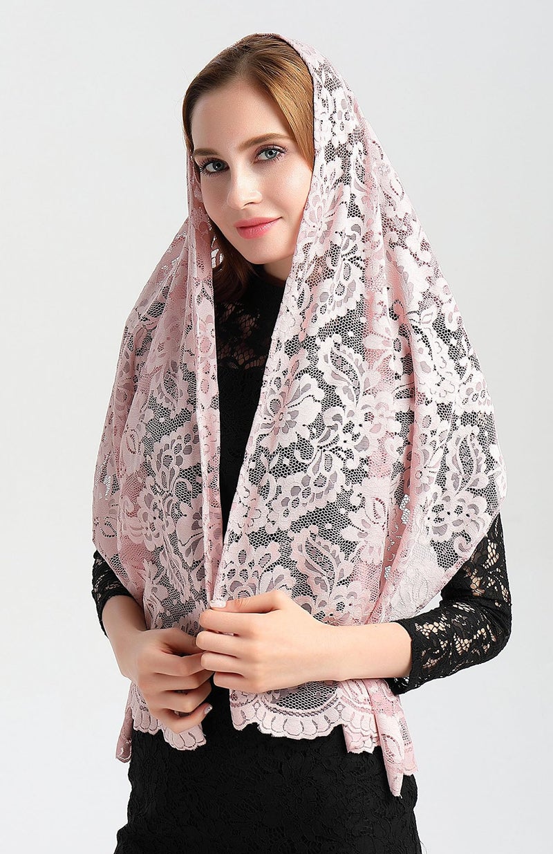 Leimandy Rectangular Lace Veil for Women Lace Scarf Catholic Orthodox Church Head Covering for Latin Mass Baptism Confirmation V25 (Dusty Pink) - Image 4